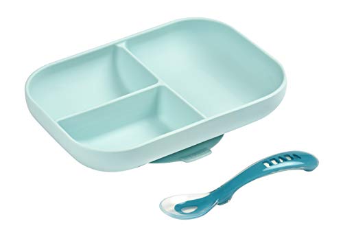 BÉABA Set Comida, Plato Compartimentado de Silicona con Ventosa + Cuchara de Silicona, Adhiere a la mesa/bandeja de la trona, Compatible con el microondas, Azul