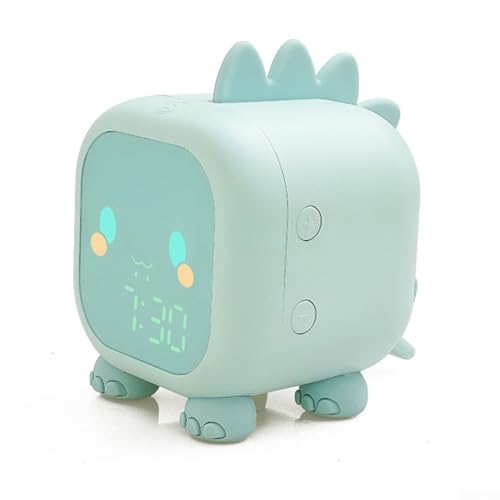 Besttoolifes Réveil numérique pour enfants, motif dinosaure avec veilleuse et entraînement au sommeil, toucher en silicone doux, plusieurs sonneries, horloge de chevet pour filles/garçons (vert)