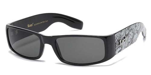 Locs Slim Glossy Black Graffiti Print Rectangular Sunglasses With Black Super Dark Lenses