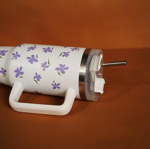 Image of 1200ML Stainless Steel Tumbler Hot and Cold with Handle and Lid and 2 Straws, Double Insulated Cup Leak Proof Mug Cupholder for Gym, Travelling (Purple Flowers)