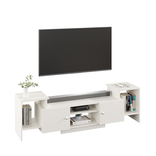 Image of FURNEASER Eptimal Modern Wooden TV Unit for Living Room | Engineered Wood Entertainment Center with Storage | TV Stand for 65 Inch TVs | TV Cabinet with Shelves & Doors (White)