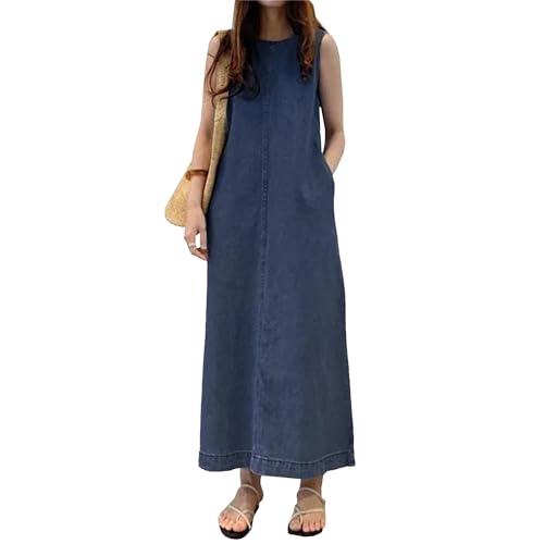 Vestido Vaquero de Talla Grande para Mujer, Informal, sin Mangas, de Mezclilla, Holgado, Verano, Largo Maxi, 2025