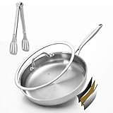 YeKuKing Tri-ply Stainless Steel Frying Pan 12 Inch with Lid Large Skillet for Chef's Cooking Pan Induction Oven Dishwasher Safe, Compatible with All Cooktops with Kitchen Tongs(Detachable Handle)