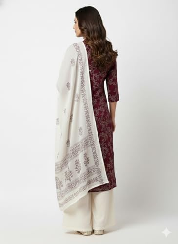 Image of Yash Gallery Women's Pure Cotton White Floral Rubber Print A-line Kurta Pant Set with Dupatta with Fancy Front Buttons, One Side Functional Pocket