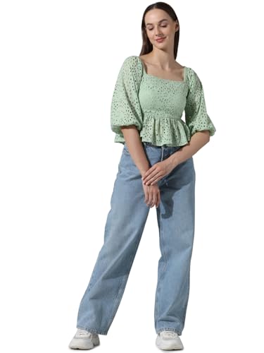 Image of ONLY Self Design Schiffli Square Neck Puff Sleeves Smocked Pure Cotton Top