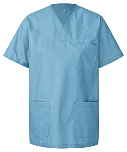 Casaca unisex de manga corta, 50% algodón y 50% poliéster, 1 bolsillo en el pecho y 2 bolsillos laterales, lavable a 90 grados, higiénico, autoclave, adecuada para ropa industrial., azul celeste, M