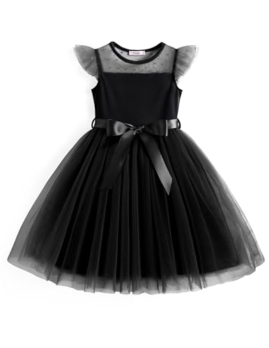 Arshiner Toddler Dress Girls Summer Ruffle Sleeve Mesh A Line Formal Party Tulle Dresses with Pockets Black