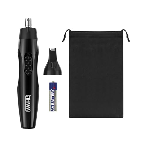 WAHL 2 in 1 Detail Trimmer, cortapelos para orejas, nariz y vello facial, funciona con pilas, cabezales lavables, mango ergonómico, estuche de viaje incluido, cabezales lavables de larga duración.