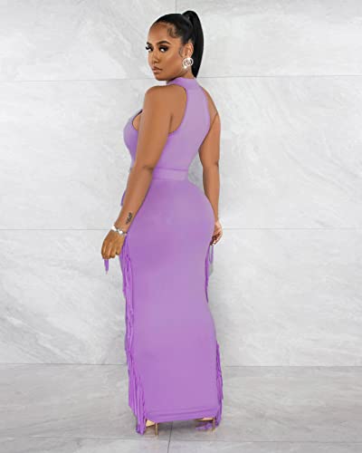Image of YUEWOO 2 Piece Outfits for Women Sexy Crop Top Ruched Bodycon Maxi Dresses Fringe Skirt Sets Night Club Jumpsuits