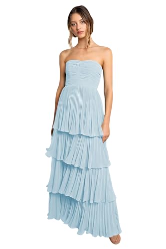Image of Modest Strapless Tiered Prom Dress for Teens 2026 Elegant Ruffle Chiffon Flowy Puffy Long Evening Dresses