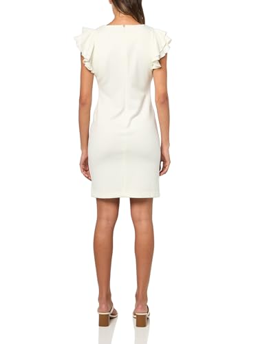 Image of Tommy Hilfiger Women's Sleeveless Ruffle Hem Jewel Neck Crepe Sheath Mini Dress