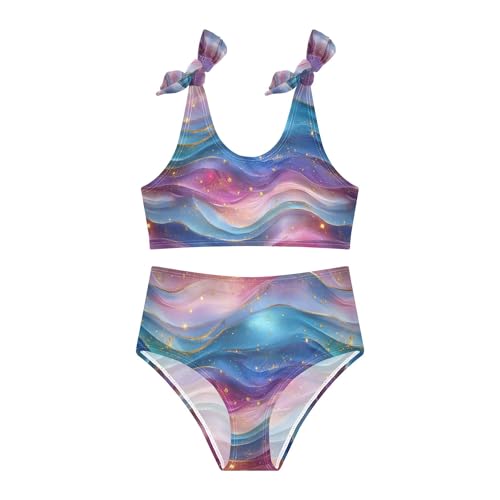 Liquid Blue Rainbow Girls Bathing Suit Set High Waisted 2 Piece Swimwear Toddler Girls Swimming Suit 3T2