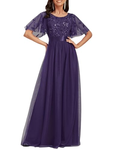 Image of Ever-Pretty Sequin Formal Prom Dresses for Women Ruffle Sleeves Empire Waist A-Line Long Mother of Bride Dress 00904
