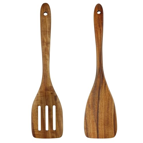 Juego De 2 Espátulas De Madera De Acacia Y Ranuradas, Espátulas Planas Para Freír Con Mango Largo, Regalo Ideal Para Madres Y Abuelas, Juego De Utensilios De Cocina Para Cocinar, Freír Y Hornear