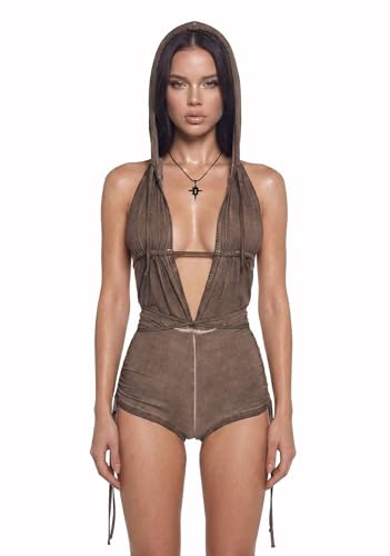 Dolls Kill Downbeat Hooded Romper by DARKER WAVS Brown Medium