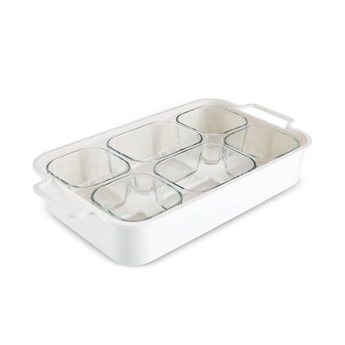 Karaca Mar 8-teiliges Frühstücksgeschirr-Set, 6 Glasschalen mit Tablett & Glas deckel, Snackschale mit Deckel, Snackteller mit Fächern & Aufbewahrungsbox
