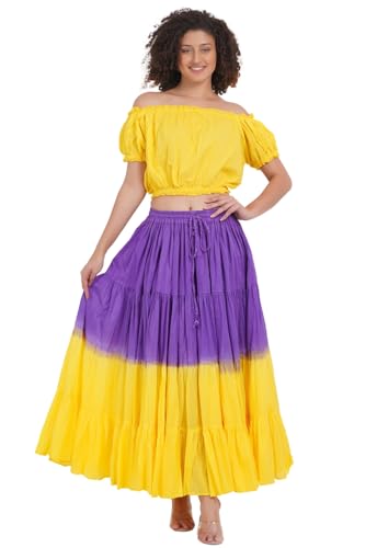 Wevez Women's 25 Yard Tribal Belly Dance Solid Dip Dye 4-Tier Cotton Skirt (Purple-Yellow)4