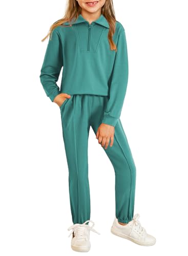 Image of Girls Fall Sweatsuits Collared Sweatshirt Jogger Pants Sets Green Size 8-9 | Big Kids 2 Piece Fashion Tracksuit, Half Zip Collar Long Sleeve Crop Top Jogger Pants，Tween Winter Casual Outfit,Side Pockets
