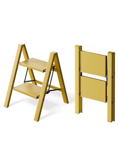 BEFITMACE 2 Step Ladder Aluminum Lightweight Folding 2 Step Stool with Anti-Slip Wide Pedal 330lbs Capacity Steel Ladder for Household and Office(Soft Dusk Yellow)