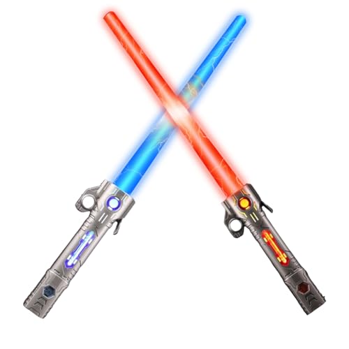 Lightsaber, Lot de 2 Sabres Laser pour Enfants, 15 Couleurs, Rechargeables, avec Effets sonores, Sabre Lumineux LED rétractable 2 en 1 pour Enfants, Jeux de...