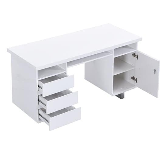 Image of Lakdi The Furniture Home and Office Modern High Gloss Computer Desk with Lockable Drawers and Storage, Writing Desk with Metal Leg and Integrated Open Shelves for White- 121534258