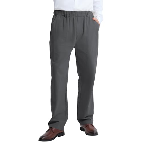LETAOTAO Mens Elastic Waist Pants - Relaxed Fit Stretch Waistband Pull On Cotton Twill Casual Pants for Seniors (Dark Grey,40Wx30L)