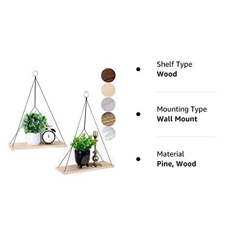 Forestbarn Boho Hanging Shelves, Set Of 2, Floating Shelves, Rope Hanging Shelves, Boho Wall Decor Shelf, Hanging Shelf For Plants, Bedroom Bathroom Living Room Wall Shelves, Natural Wood Color #TOP7