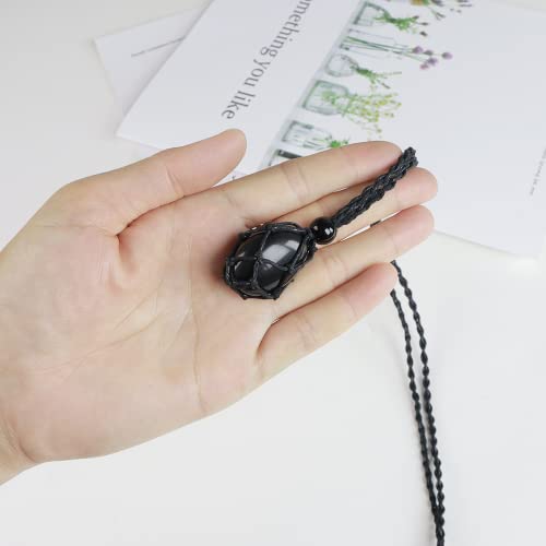 Anjiucc Natural Gemstone Crystal Black Obsidian Pendant Necklace Stone Holder Necklace Cord Hand-Woven Necklace With Adjustable Length For Women Men #TOP3