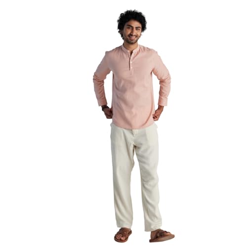 Image of SAADAA Men's Short Kurta - Linen Cotton Blend, Airy Fabric, Regular Fit, Mandarin Collar, Solid Color - Casual, Festive & Ethnic Wear