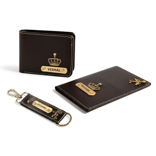 Image of Personalized Name & Charm Wallet, Passport Cover & Keychain Combo Set for Man | Customised Gift for Men Husband Father Boyfriend Friend Family Lover Office Couples Brithday