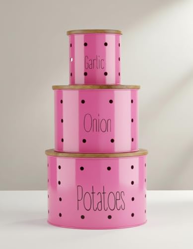 Image of Set of 3 Potato Onion & Garlic Storage Container For Kitchen | Storage Container For Kitchen Storage with Lid. (Pink)