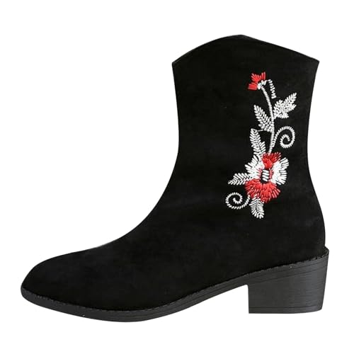 Bottes brodées femmes à talon carré rouge : le style rétro hiver