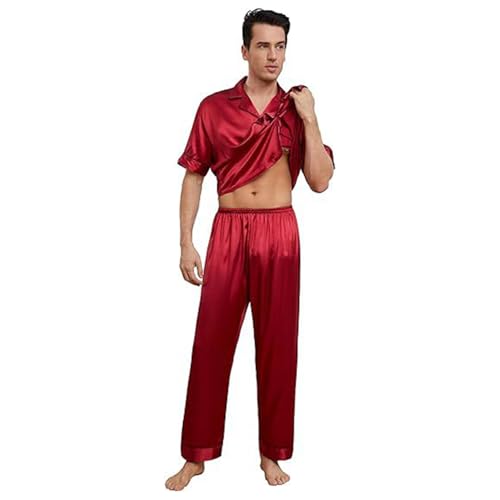 Gefomuofe Pijama para hombre de gran tamaño, pijama de satén de seda y pantalones cómodos, dos piezas, sin botones, chándal de verano con bolsillo, ropa de ocio, rojo, L