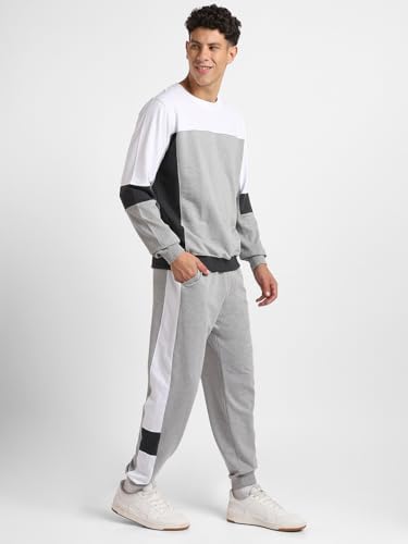 Image of NOBERO Grey Melange Co-ord Set for Men | Comfy Pure Cotton Grey Lounge Wear | Jogger and Sweatshirt Set