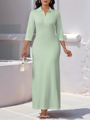 Image of PinkPatty Women's Casual 3 /4 Sleeve Polo V Neck Bodycon Maxi Dress