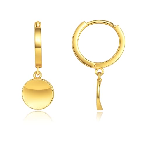 MAX + STONE 14k Yellow Gold Small Huggie Dangle Hoop Earrings for Women with Round Plates 10mm