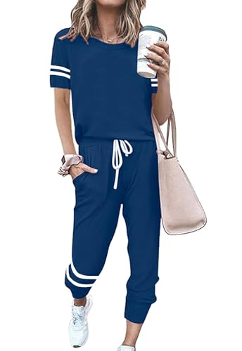 Image of PRETTYGARDEN Women's Two Piece Outfits Striped Short Sleeve Pullover and Long Pants Tracksuit Pajama Lounge Jogger Sets