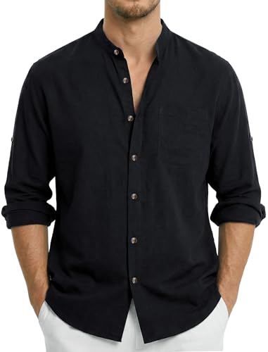 Enlision Camisa Lino Hombre Negro Manga Larga Casual Camisas para Hombres Cuello Mao Elegante Relajado Vacaciones Playa Henley Shirts XL