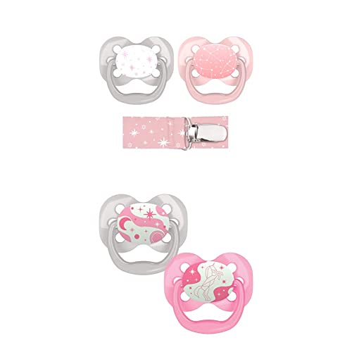 Image of Dr. Brown's Advantage Baby Pacifiers with Clip Holder, Stage 1, 0-6 Months, Pink and Two Glow-in-The-Dark Colors, 4 Pack