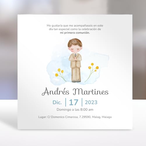 Invitações de Comunhão Personalizadas para Menina e Menino | Cartão de Lembranças de Primeira Comunhão de 15x15cm em Cartolina 350gr | 4 Modelos (Branco)