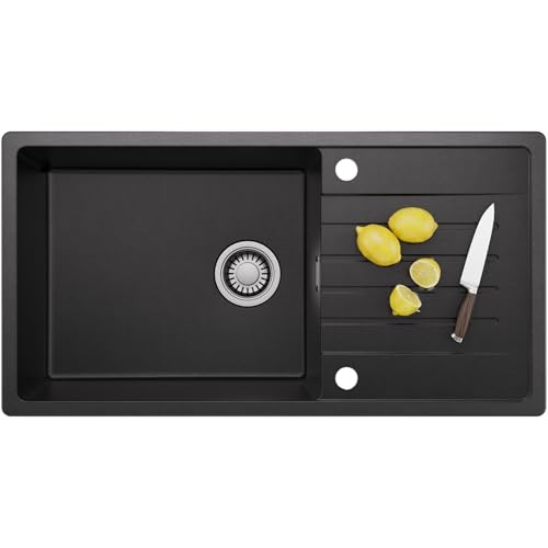 CECIPA Fregadero de granito compuesto de cuarzo 86×45 cm con escurridor, negro