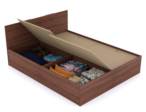 Image of FURNIFLIX Queen Size Engineered Wood Bed with Box Storage - Walnut Finish