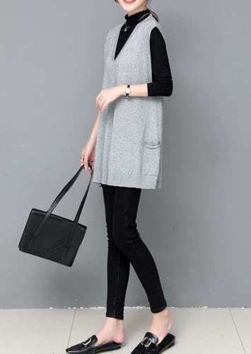 Image of jinghuiyue Women's Oversized Sweater Vest Fall V Neck Sleeveless Pullover Sweater Loose Knitted Tunic Tops with Pockets