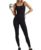 Popilush Jumpsuits for Women Built-In Bra Square Neck Ribbed Bodycon Workout Seamless Leggings Rompers Bodysuits Black Jumpsuit