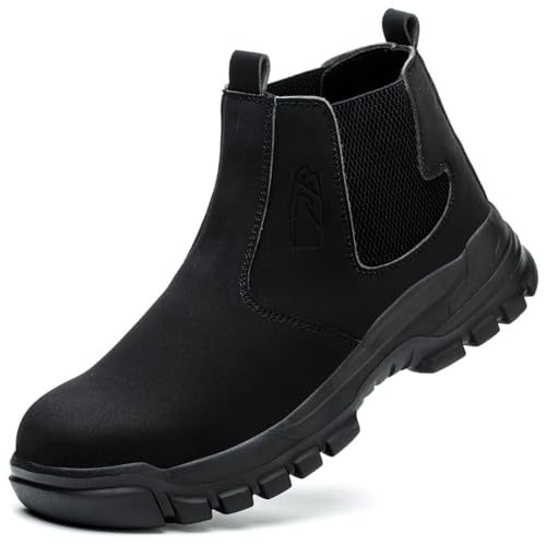 Genérico Zapatos De Seguridad para Hombre Sin Cordones con Punta De Acero, Botas Chelsea Impermeables Y Resistentes A Perforaciones,Negro,48 EU