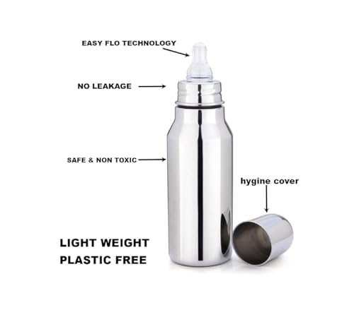Image of Stainless Steel 304 Grade Baby Feeding Bottle and Cleaning Brush Set | Steel Soft Silicone for Newborns, Infants, Toddlers, and Kids of 6 Months to 2 Years | Silver | 250ml | Pack of 1