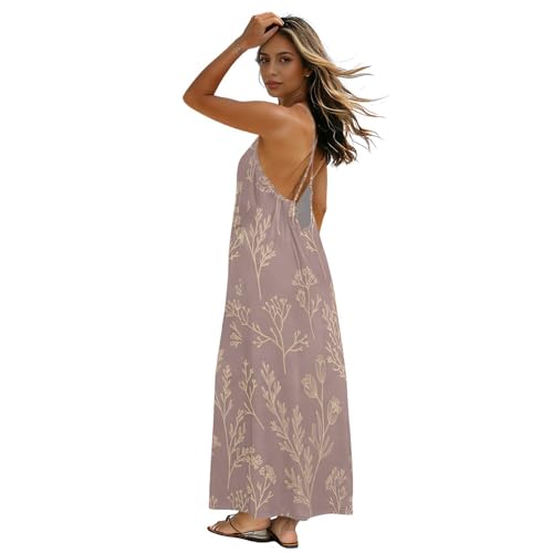 Robe longue d'été dos nu en maille légère imprimé fleurs sauvages beige et mauve pour la plage