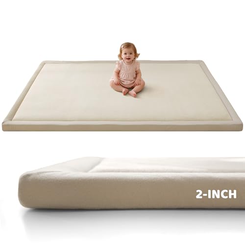 Image of 2 Inch Thick Baby Play Mat for Floor, Memory Foam Tummy Time Mat with Non-Slip Backing, Soft Micro Flannel 79X71nch Playpen Carpet Crawling Tatami for Infants Toddlers Kids, Beige