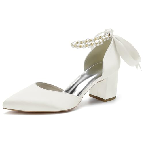 HKMFLYY Damen Spitze Spitze Perle Hochzeitsschuhe für Braut Niedrige Absätze Satin Heels mit...