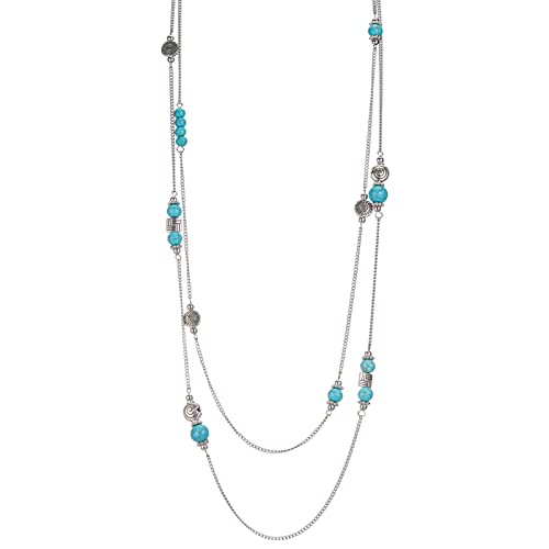 BULINLIN Layered Silver Long Necklace for Women Turquoise Stone Beaded Strand Sweater Chain Necklaces Fashion Costume Jewelry Gifts for Mom